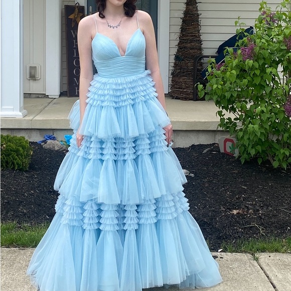 Sherri Hill Light Blue Tiered Prom Dress - Picture 1 of 2